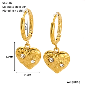 Detail view of 18K gold plated stainless steel heart earrings with dimensions and weight info