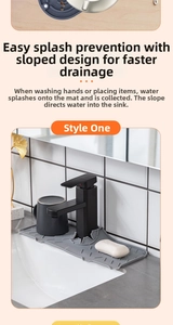 Detailed view of grey silicone faucet mat with anti-slip drainage slope for kitchen sinks