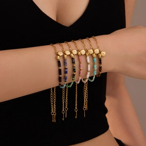 Handmade Stainless Steel Beaded Bracelet Natural Stone Square Geometric Sun Pendant 18K Gold Plated For Women Adjustable