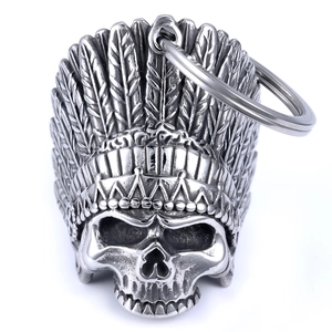 Vintage stainless steel Indian skull pendant with feather headpiece in antique silver finish