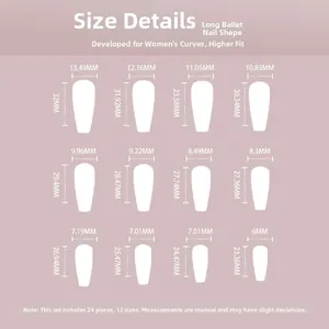 Detailed size guide for long ballerina press-on nails set with 24 pieces in 12 sizes