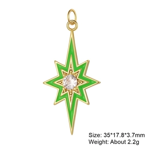 Gold star pendant with green enamel, zircon inlay, and size dimensions specifications