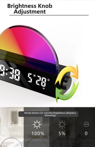 LED sunrise alarm clock detail showing 0-100% stepless dimming on a black digital base