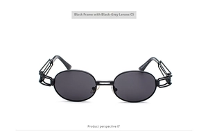 Detail of steampunk oval sunglasses with industrial hollow-out temples and black frames