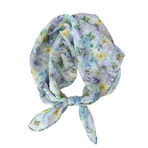 Breathable floral silk scarf for women featuring butterfly patterns in purple and blue