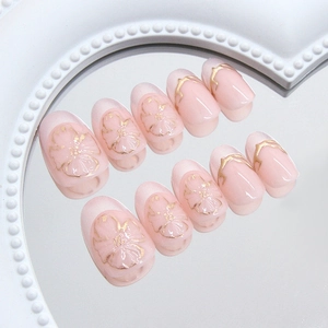 French style 3D golden flower press-on nails with pink jelly pearl finish and 10 pieces