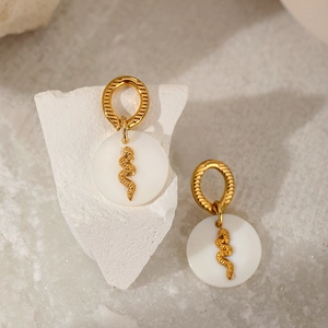 Minimalist gold plated stainless steel snake pendant earrings with white shell inlay