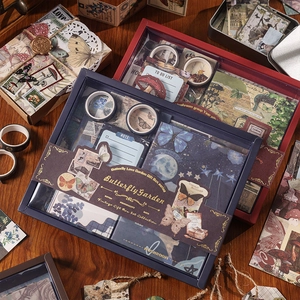 Vintage stationery gift box set featuring butterfly and mushroom scrapbooking supplies