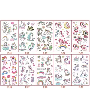 Detail view of 10-piece unicorn tattoo sticker set with rainbow and cloud motifs