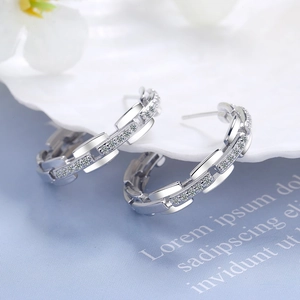 Silver chain hoop earrings with micro-paved zircons on a white ceramic plate