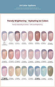 Vue détaillée de 24 nuances de vernis à ongles gel translucide effet gelée de glace