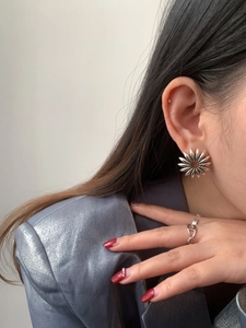 Close-up of silver hollow floral stud earrings and a heart-shaped ring worn by a model