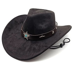 Classic black faux suede fedora with brown leather strap and turquoise star badge