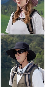 Dettagli di cappelli da sole impermeabili con tesa larga e cordini antivento regolabili