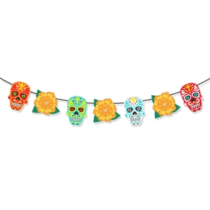Bannière du Jour des Morts avec crânes colorés et guirlandes de fleurs de souci