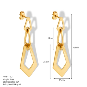 Macro detail of gold 18K PVD plated stainless steel geometric earrings with dimensions