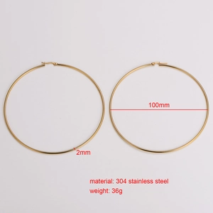 Detail view of 100mm large gold stainless steel hoop earrings with size specifications