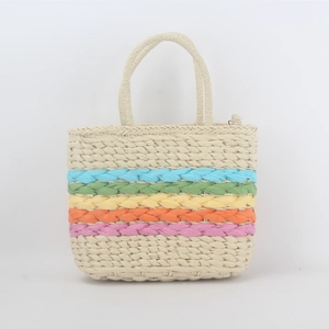 Handmade woven straw tote bag with colorful rainbow stripes for women beach vacation