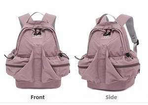 Front and side view of dusty rose space series backpack with multi-pocket design