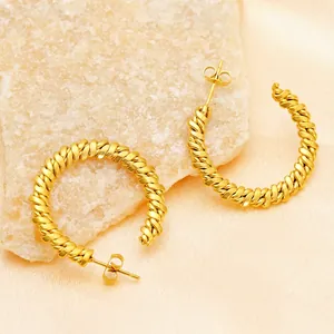 Vintage 18K gold-plated twisted rope C-hoop earrings in high-quality stainless steel