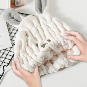 White coral fleece hair drying cap with cute rabbit ears and strong elastic stretch