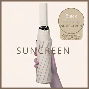 Beige automatic folding umbrella with 12 ribs and UV protection coating for sun and rain