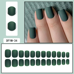Matte dark green short square round press-on nails set with texture detail and fit