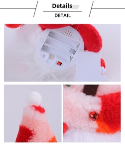 Detail view of Christmas gnome plush showing battery compartment and soft fabric texture