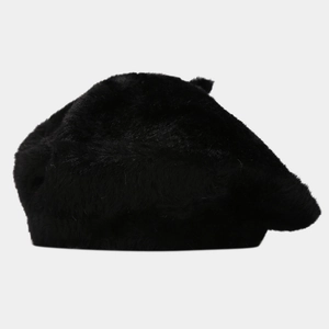 Detail shot of black faux mink fur beret showing fluffy texture and warm plush material