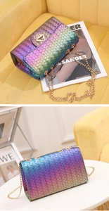 Detail of gradient iridescent woven texture bag with gold chain and rotary lock