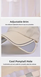 Detail view of the retractable 5cm wide brim and ponytail hole on a sun protection cap
