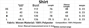 Detailed size chart for women's striped loose shirt including fabric and measurement info