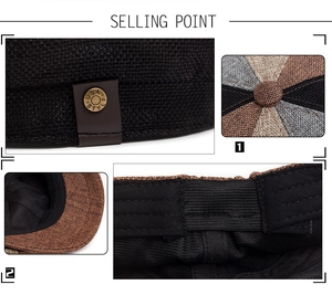 Detail of vintage linen octagonal newsboy hat showing USA STYLE metal button and leather strap