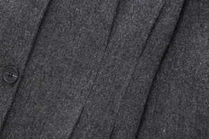 Detail der dunkelgrauen Köperstoffstruktur und des schwarzen Knopfes am schmalen Blazer