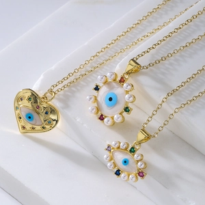 Evil Eye Pendant Necklace Copper Gold Plated Colorful Cubic Zirconia Enamel Artificial Pearl Heart Round Shape Jewelry For Women