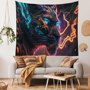 Cyberpunk neon tiger tapestry hanging on a white wall above a modern grey fabric sofa