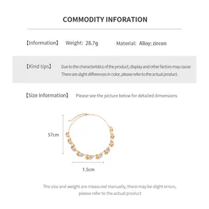 Size chart showing 57cm alloy necklace length with 1.5cm zircon leaf pendant details