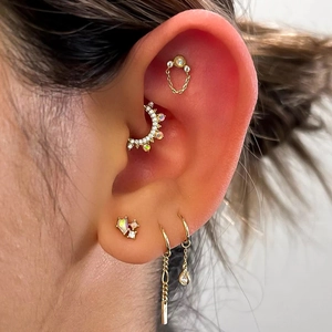 S925 sterling silver tassel chain earrings set with gold finish and zircon stones