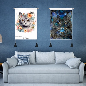 Bohemian 3D cat pattern wall tapestry with decorative wooden rod and elegant black tassels