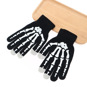 Touchscreen knit gloves with skeleton bone print for outdoor sports and winter warmth