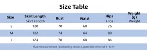 Detailed size table with measurements for summer strapless side slit bodycon long dress