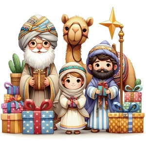 Cartoon Christmas stickers featuring Nativity characters with camels and gift box decorations
