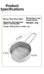 Detailed size specifications for 304 stainless steel mini flour sieve and sugar sifter