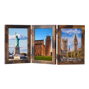 Three-frame folding wooden photo frame with dark brown vintage wood grain and metal hinges