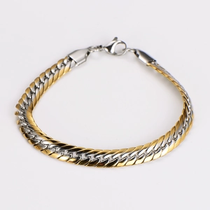 Detail of 7.5mm two-tone stainless steel woven chain bracelet with lobster clasp