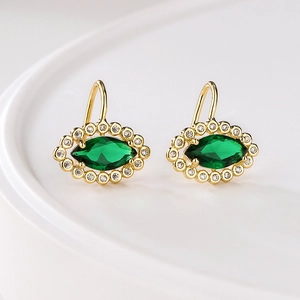 Luxury 18K gold plated copper earrings featuring green oval stones and white zircon crystals