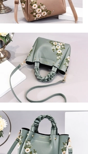 Close-up of floral embroidery and woven handles on PU leather handbags in two colors