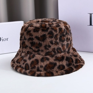 Women's leopard print faux fur bucket hat with thick plush fleece for winter warmth