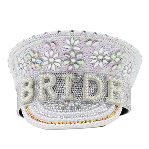 White bridal captain hat with BRIDE pearl letters and sparkling rhinestones for parties