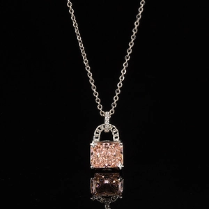 Pink high carbon diamond necklace with rectangular ice flower cut pendant on silver chain